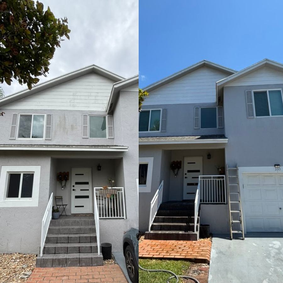 Two-story house before and after soft washing