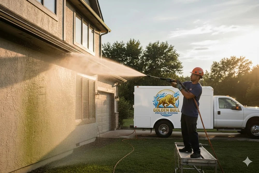 Golden Bull technician washing a two-story home beside the branded trailer